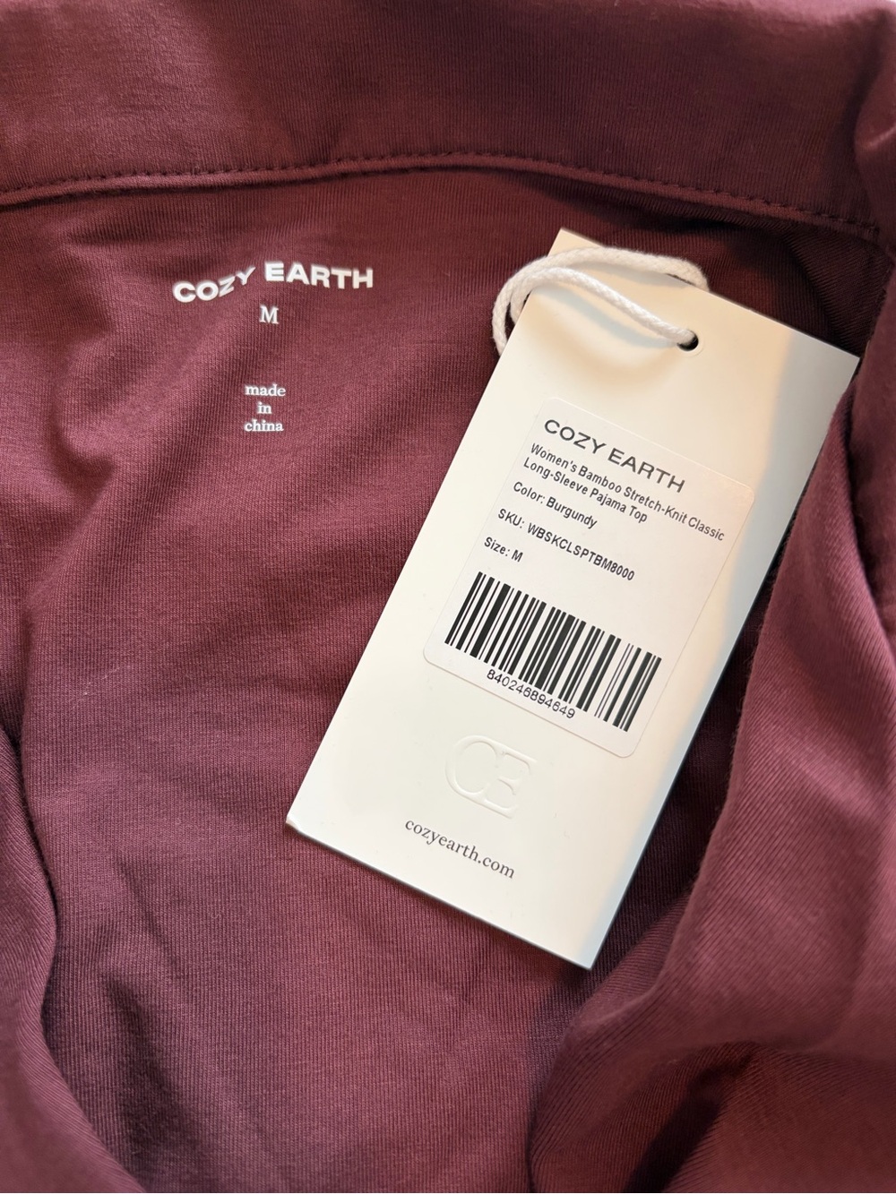 Cozy Earth NWT Bamboo Stretch-Knit Classic Long Sleeve PJ Set Burgundy Size M - Picture 9 of 10